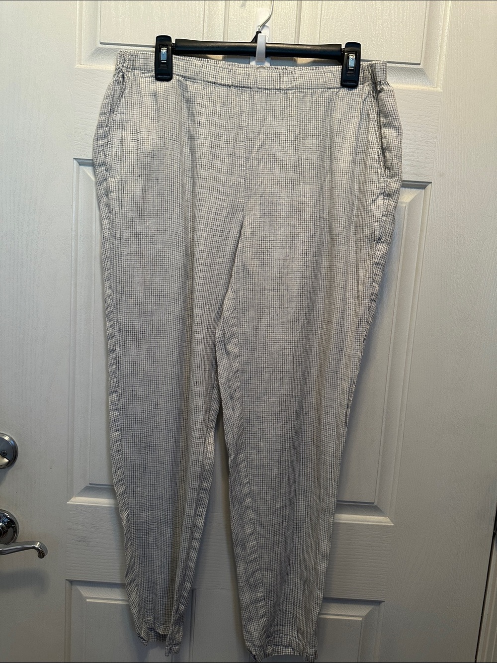 Eileen Fisher Light Gray Checked 100% Organic Linen Pants Elastic Waist Sm